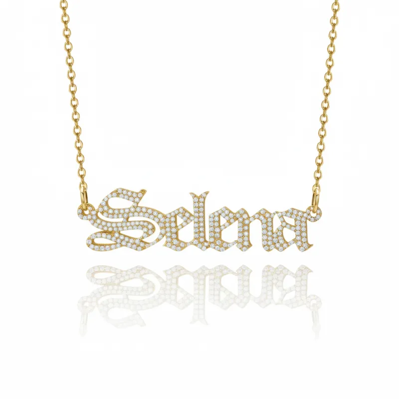 Pave Diamond Gothic Old English Name Necklace